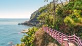 Holzstege an der Küste von Busan, Südkorea