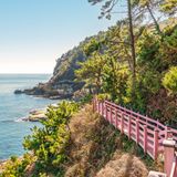 Holzstege an der Küste von Busan, Südkorea