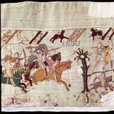 mittelalterliche Stickerei, Ritter treiben fliehende Männer vor sich her