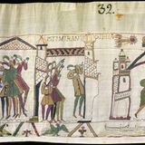 mittelalterliche Stickerei, Menschen deuten staunend auf einen Schweifstern am Himmel