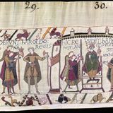 mittelalterliche Stickerei, eines thronenden Königs mit Reichsapfel, Zepter und Getreuen