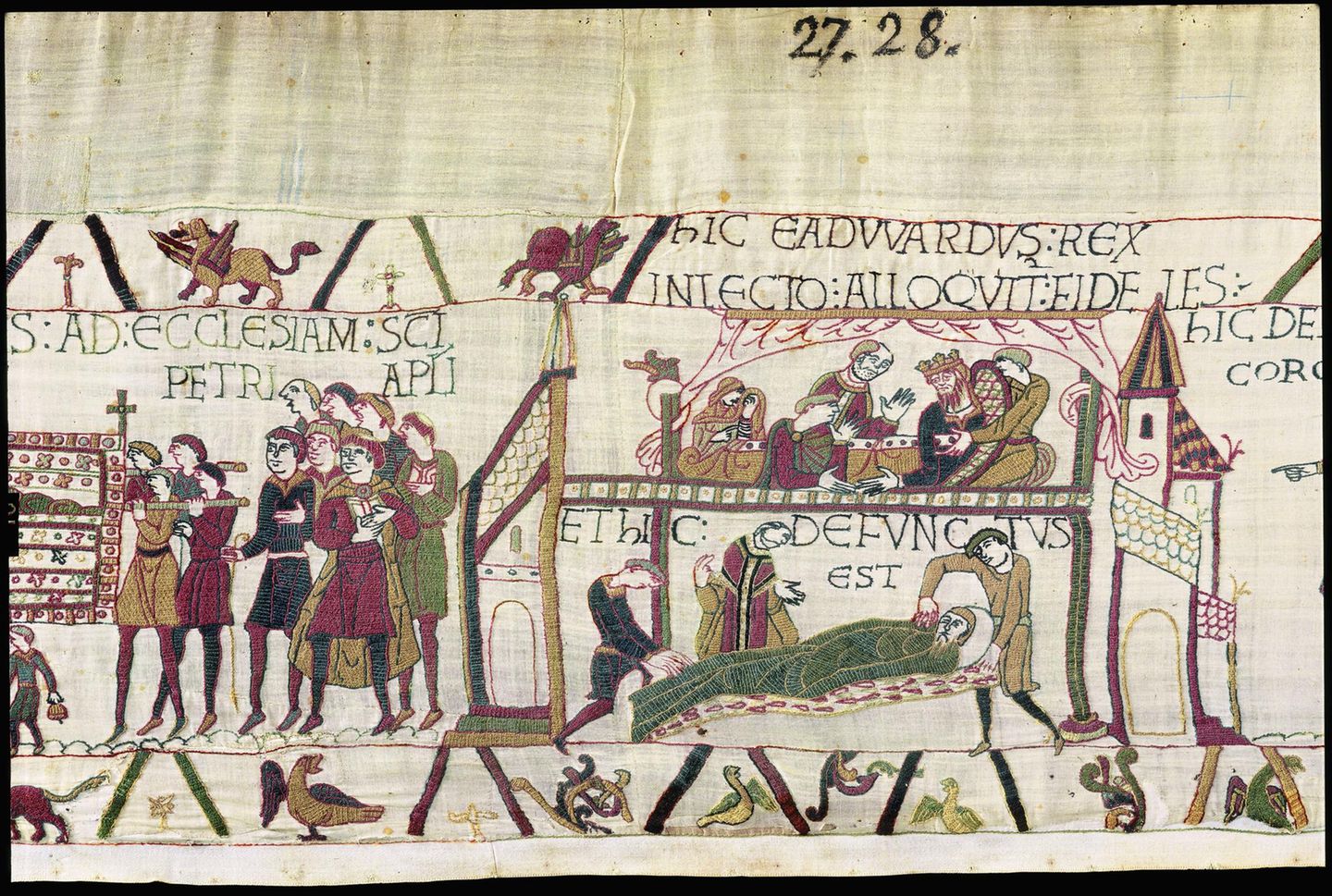 mittelalterliche Stickerei, ein König auf dem Sterbebett, Trauernde