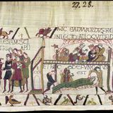 mittelalterliche Stickerei, ein König auf dem Sterbebett, Trauernde