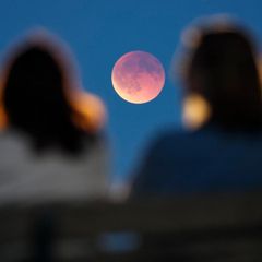 By-line=Jan Woitas  Caption/Abstract=Schaulustige betrachten von einer Parkbank aus die auch als Blutmond bezeichnete totale Mondfinsternis. Dabei schiebt sich der Mond nach und nach in den Erdschatten - bis hin zur totalen Mondfinsternis.  City=Leipzig