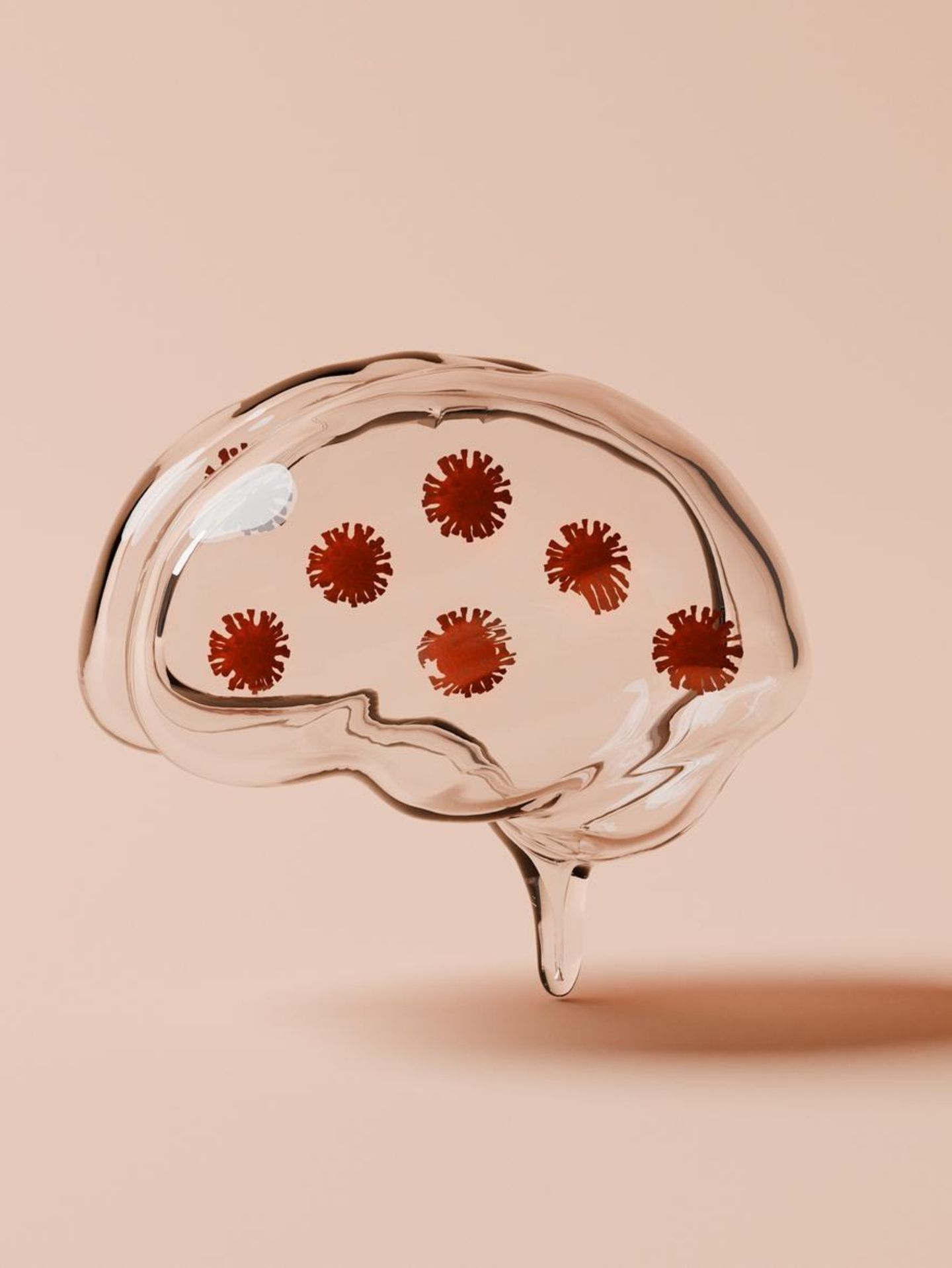 Foto eines gläsernen Gehirns mit Viruspartikeln im Inneren