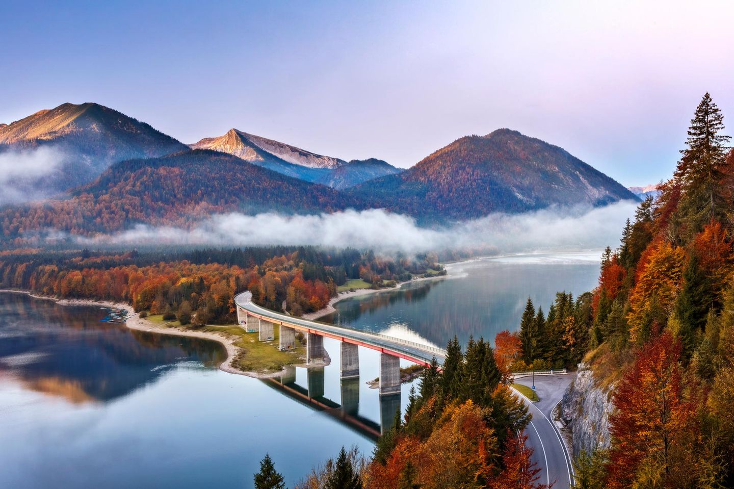 Lake sylvester - Sylvensteinspeicher at Autmun, Sylvensteinsee, Bavaria, Germany