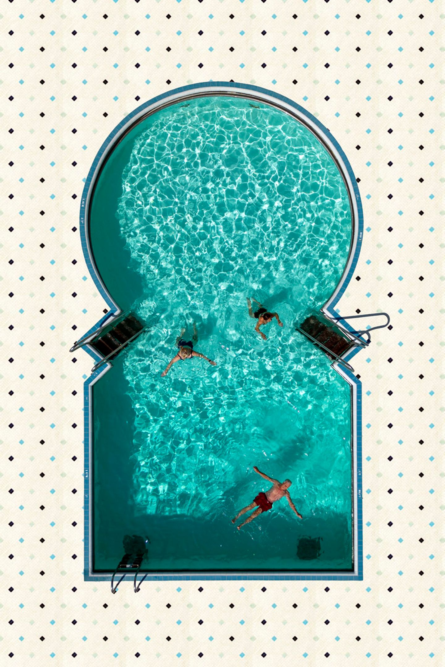 Ein Pool aus der Luftperspektive, der von oben durch seine Form aussieht wie ein Fenster auf den ersten Blick