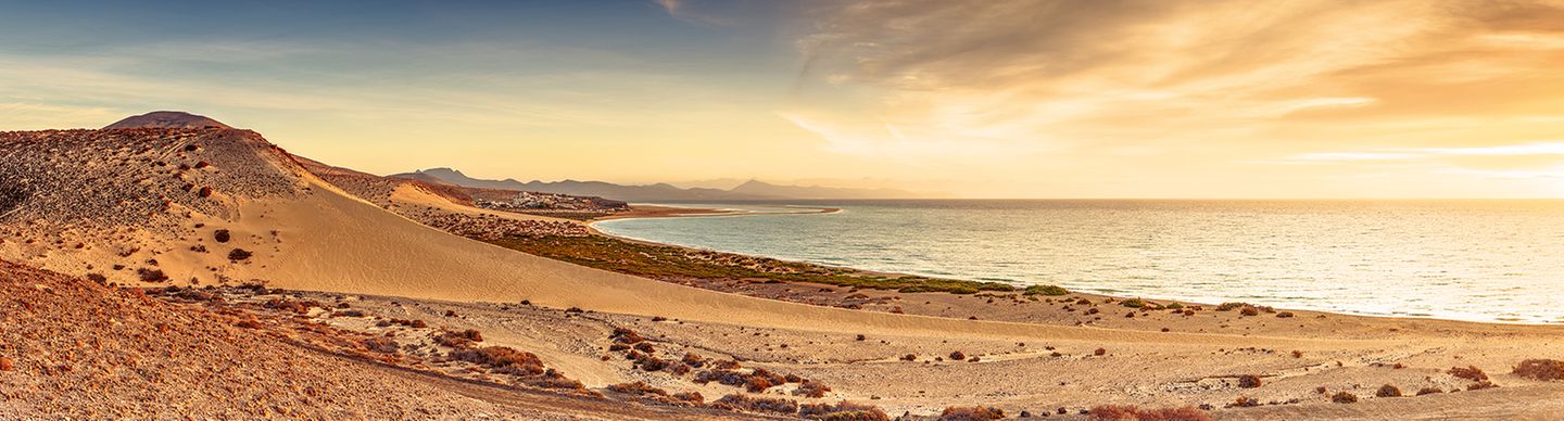 Dünenlandschaft des Playa de Sotavento auf Fuerteventura bei Sonnenschein