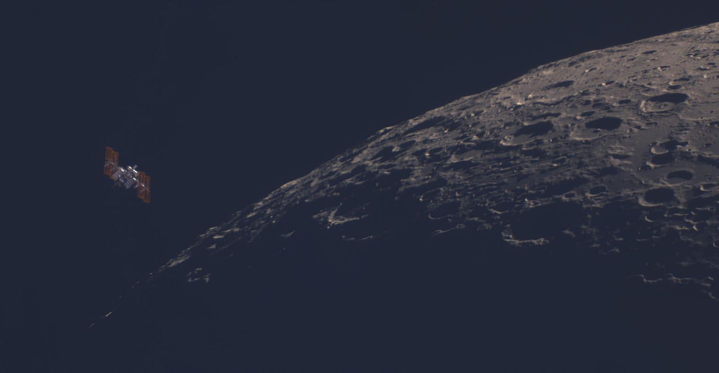Erster Platz "Menschen & Weltraum" Der Brite Tom Williams hat zwei "Trabanten" der Erde zugleich eingefangen: den Mond und die Internationale Raumstation, die sich scheinbar annähern. Ein besonderes Glück ist der Lichteinfall: Die Sonnenkollektoren der Station werden vom aufgehenden Sonnenlicht getroffen. Bemerkenswerterweise sind auch die weißen Radiatoren zu sehen, die nicht das direkte Sonnenlicht, sondern das Erdlicht beleuchtet.