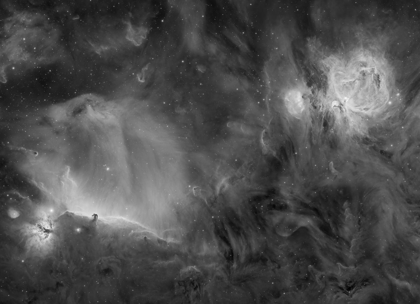 Mit einem H-Alpha-Filter, das nur die stärkste Spektrallinie von Wasserstoff durchlässt, schuf der Italiener Daniele Borsari ein monochromes Werk, das am Nachthimmel strahlende Wasserstoffwolken hervorhebt. Unten links befindet sich als Schattenspiel der Pferdekopfnebel, etwas weiter links ist der Flammennebel zu sehen. Und schließlich befindet sich oben rechts der Orionnebel, eine riesige Staub- und Gaswolke, in der viele neue Sterne entstehen. Für dieses Meisterwerk waren 22,5 Stunden Gesamtbelichtungszeit nötig.