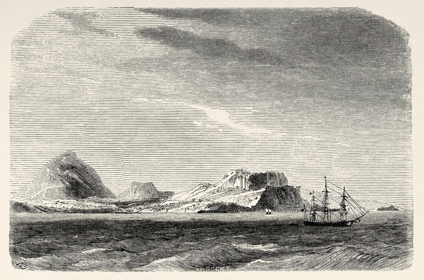 Historsiche Zeichnung einer Bucht mit einem Segelschiff, im Hintergrund eine Felsformation