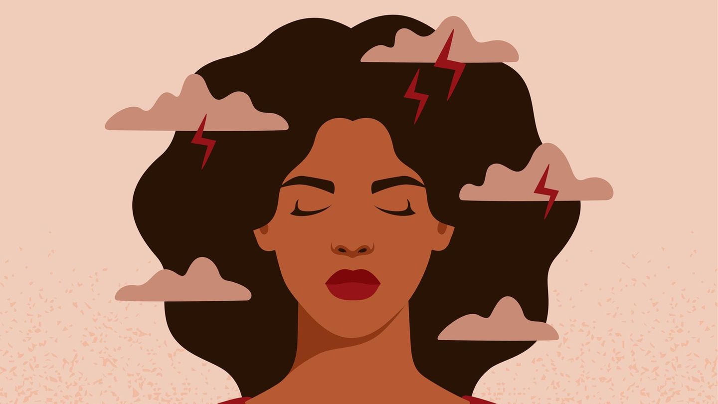 Illustration: Frau mit geschlossenen Augen und Gewitterwolken um sie herum.
