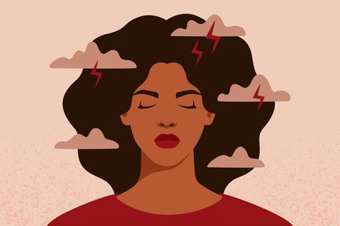Illustration: Frau mit geschlossenen Augen und Gewitterwolken um sie herum.