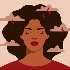 Illustration: Frau mit geschlossenen Augen und Gewitterwolken um sie herum.