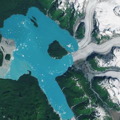 Im Alsek-See haben schmelzende Gletscher eine Insel freigelegt