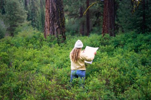 Eine Frau mit Karte im Wald