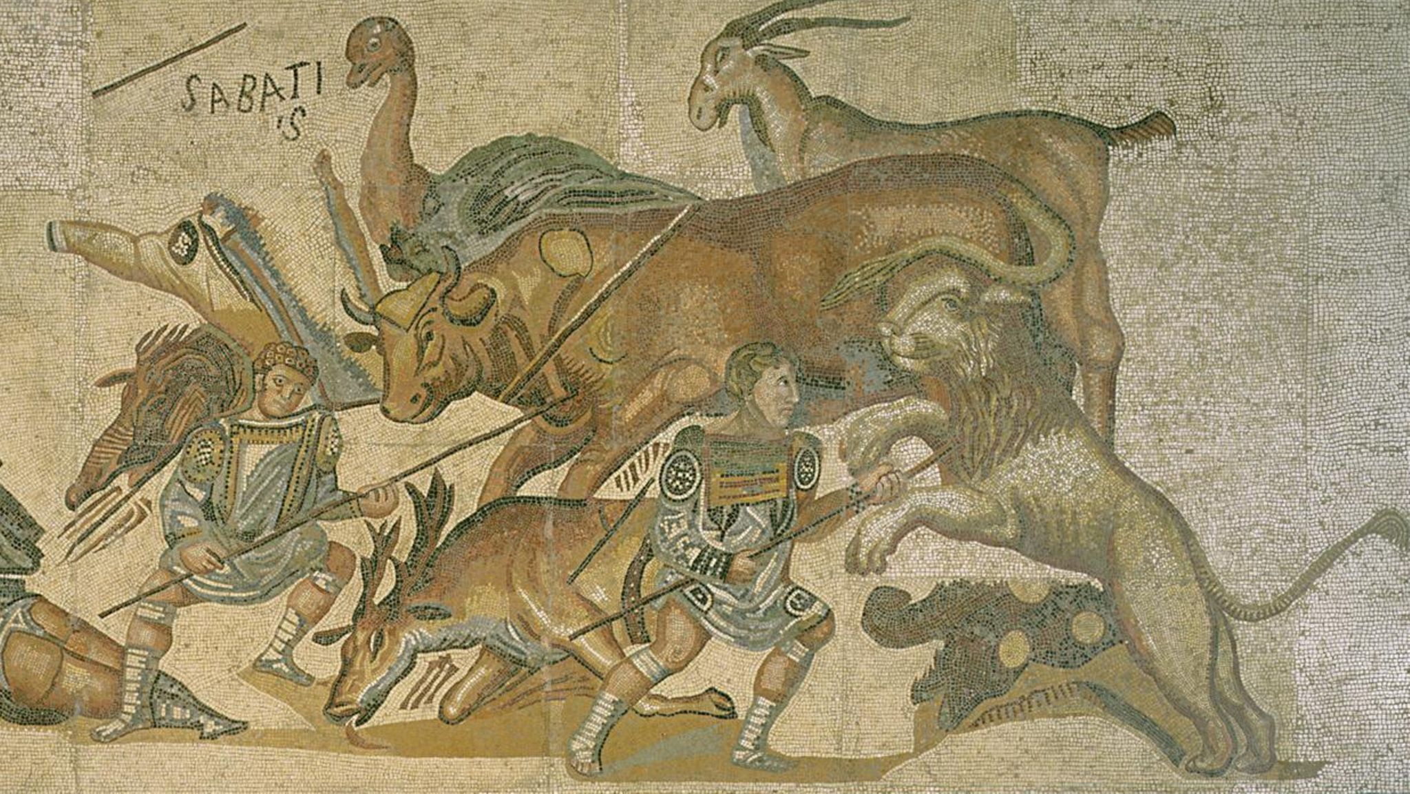 Mosaik, auf dem Gladiatoren gegen Löwen und andere wilde Tiere kämpfen
