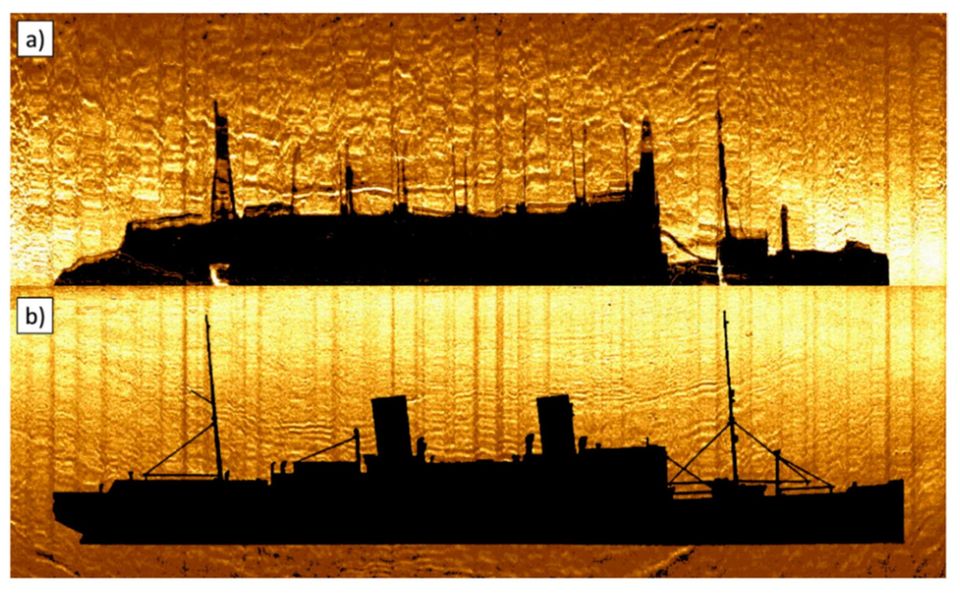 Das Schiff General von Steuben in einem Sonogram im Vergleich mit dem Wrack Das Schiff General von Steuben in einem Sonogram im Vergleich mit dem Wrack