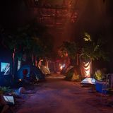 Eine nachgebaute Zeltstraße mit Videoinstallationen