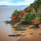 Die Küstenlandschaft Hopewell Rocks in Kanada bei Ebbe, bei der die Auswirkugen der starken Tide sichtbar werden