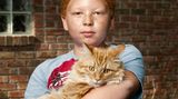 Ein Kind mit roten Haaren hält eine orangene Katze auf dem Arm