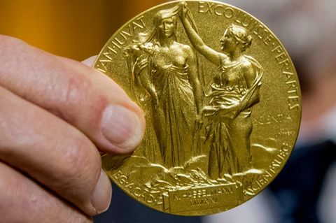 Die Rückseite der Nobel-Medaille für Physik stellt die Natur in Form einer Göttin dar, die aus den Wolken auftaucht und ein Füll