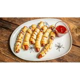 Zutaten für sechs Würstchen-Mumien:  6 Mini-Wiener-Würstchen  0.5 Pck. Blätterteig  12 Pfefferkörner, schwarz oder alternativ Zuckeraugen  etwas Ketchup oder Senf     Das ganze Rezept findet ihr hier.