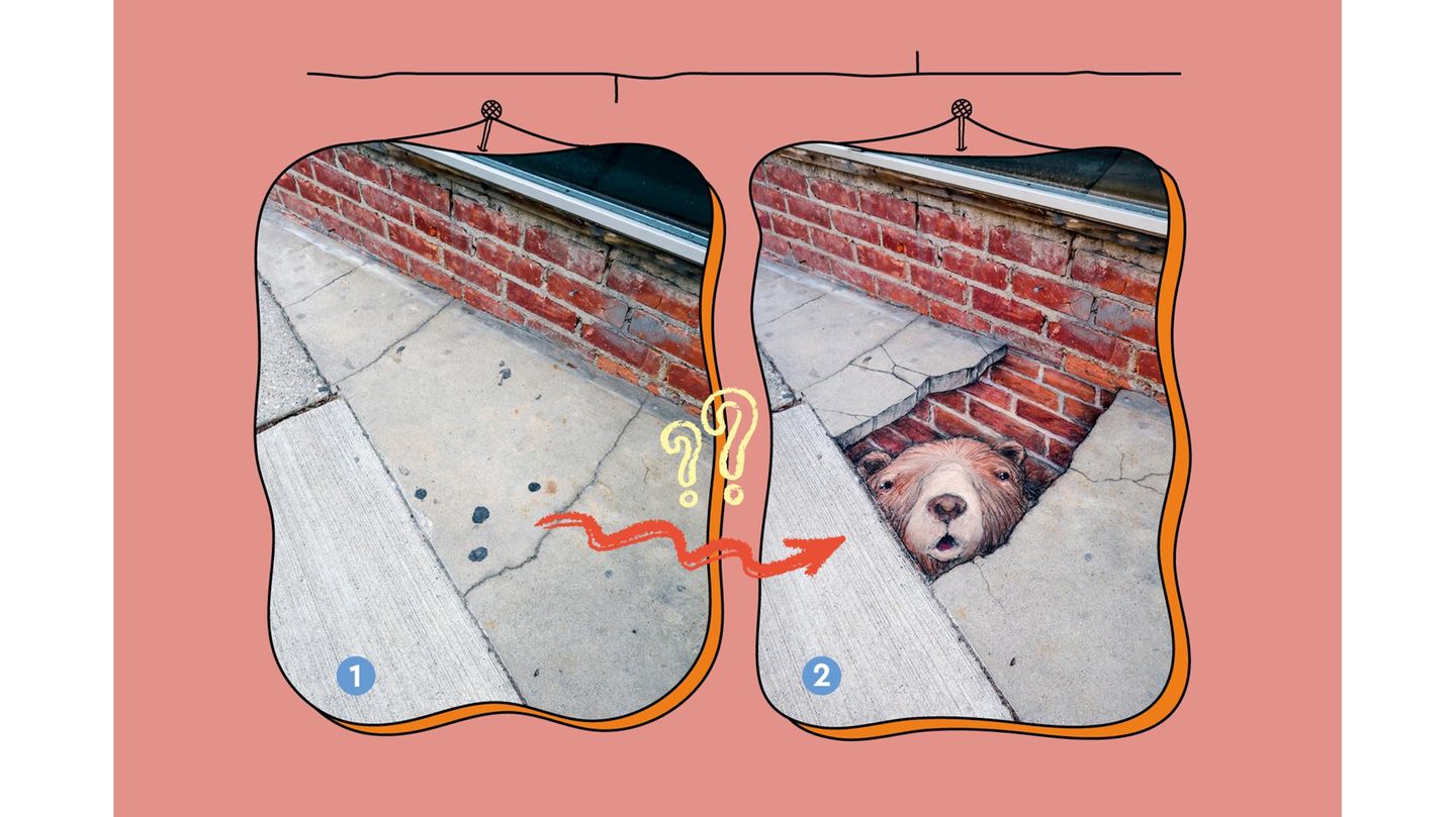 Bär im Bürgersteig: In den dunklen Flecken sieht David Zinn ein Gesicht – und malt den Rest des Kopfes mit Kreide drum herum