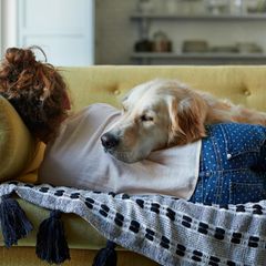 Frau schläft mit Hund auf dem Sofa