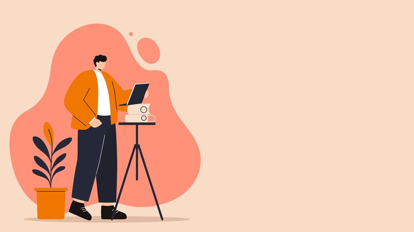 Illustration eines Mannes, der an einem Stehpult arbeitet
