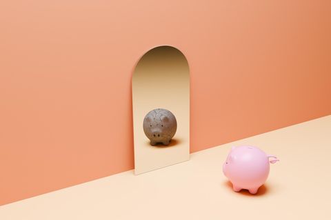 Sparschwein betrachtet sich im Spiegel