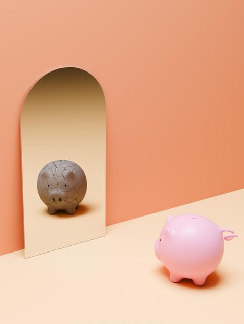 Sparschwein betrachtet sich im Spiegel