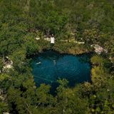 Der Blick von oben auf die Cristalino Cenote. Ein Wasserbecken inmitten von Bäumen