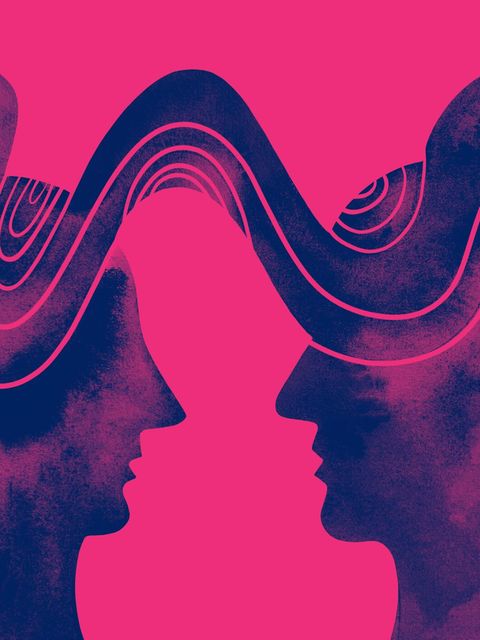 Künstlerische Illustration zweier Köpfe, die über ein Wellenband miteinander verbunden sind Künstlerische Illustration zweier Köpfe, die über ein Wellenband miteinander verbunden sind