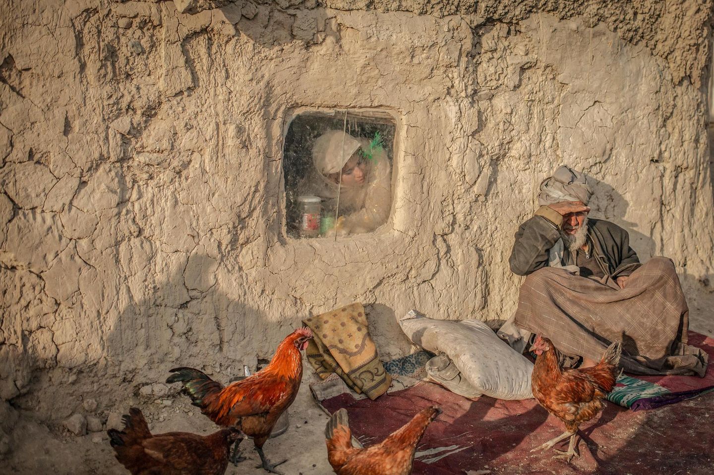 Hühner vor einem Lehmhaus