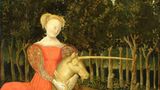 Symbol der Keuschheit Ein Gemälde einer jungen Frau mit einem Einhorn in einem Wald