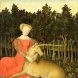 Ein Gemälde einer jungen Frau mit einem Einhorn in einem Wald