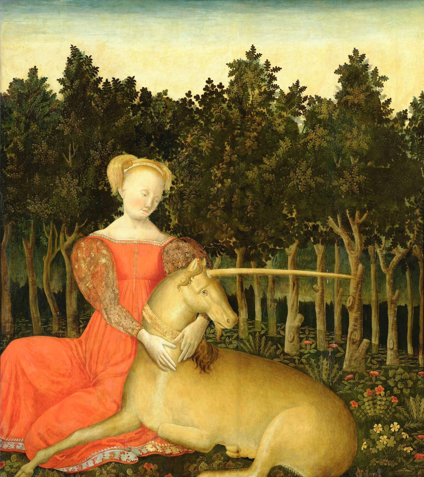 Symbol der Keuschheit Ein Gemälde einer jungen Frau mit einem Einhorn in einem Wald