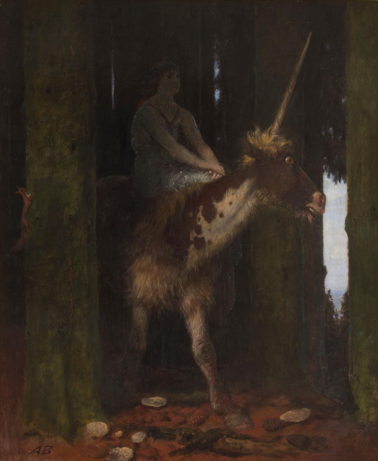 Kunstfreiheit Ein Gemälde einer Frau, die auf einem kuhartigen Einhorn reitet
