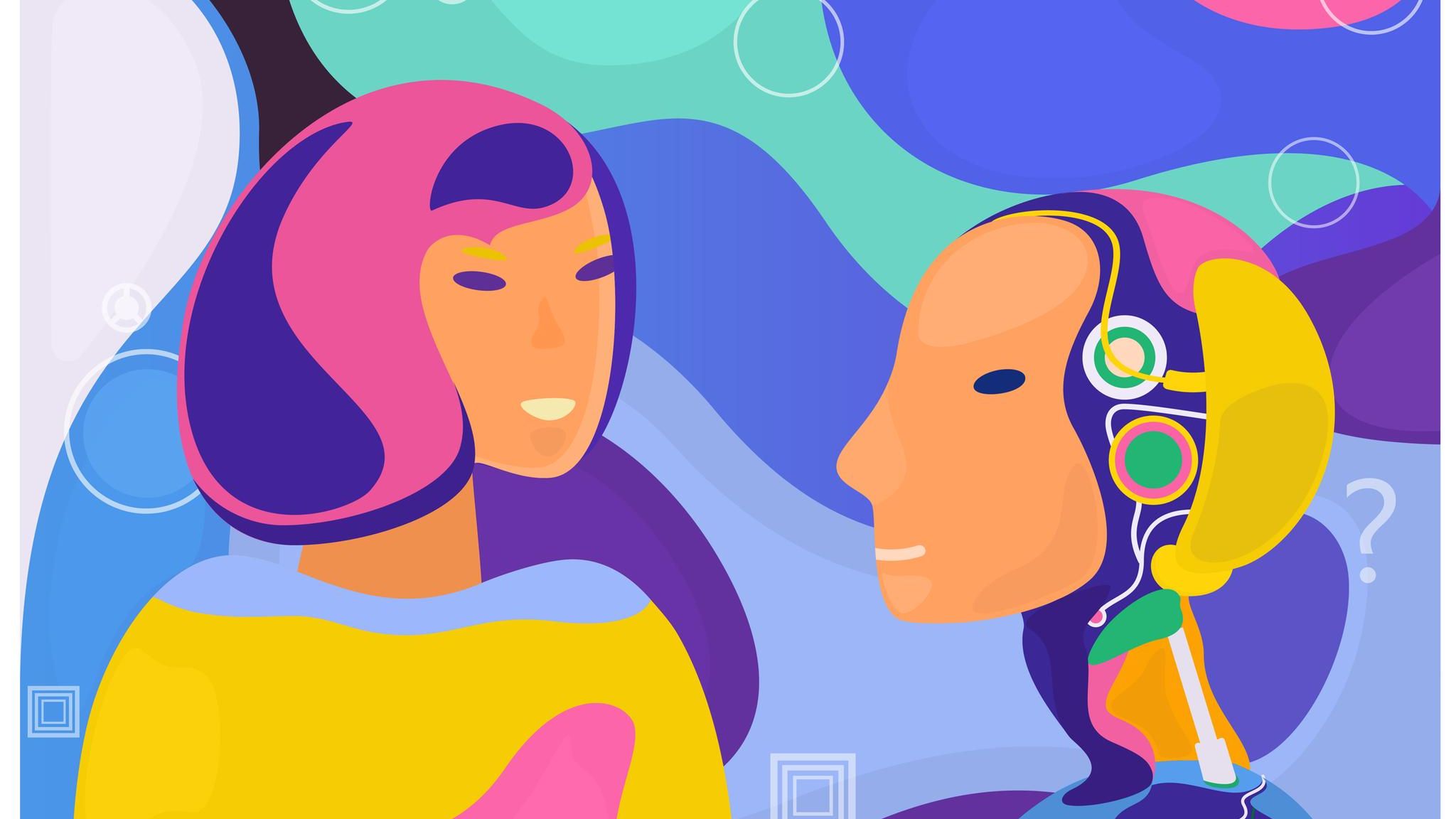 Illustration einer Frau in Kommunikation mit einem Roboter