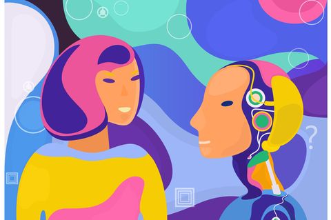 Illustration einer Frau in Kommunikation mit einem Roboter