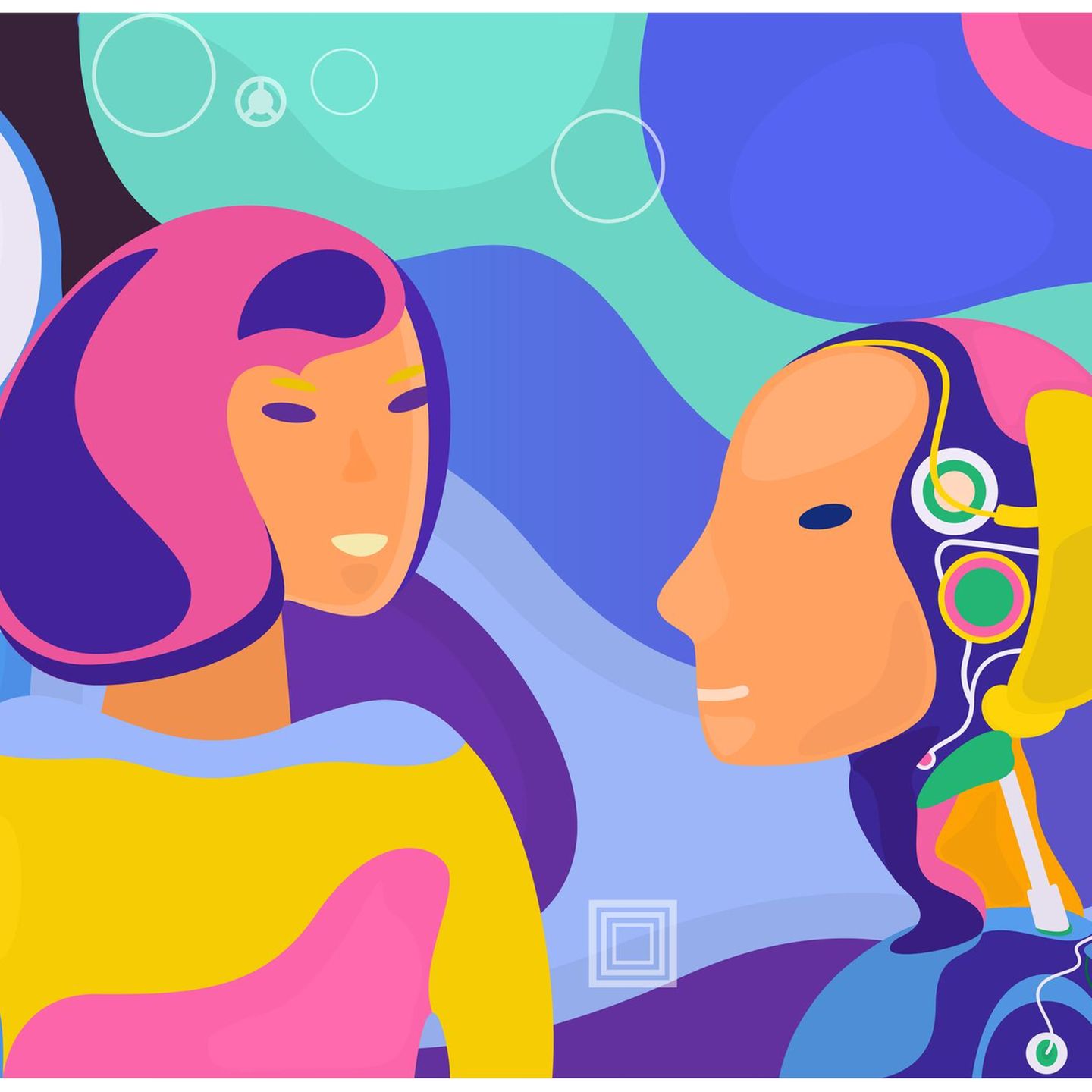 Illustration einer Frau in Kommunikation mit einem Roboter