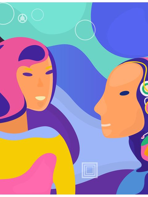 Illustration einer Frau in Kommunikation mit einem Roboter