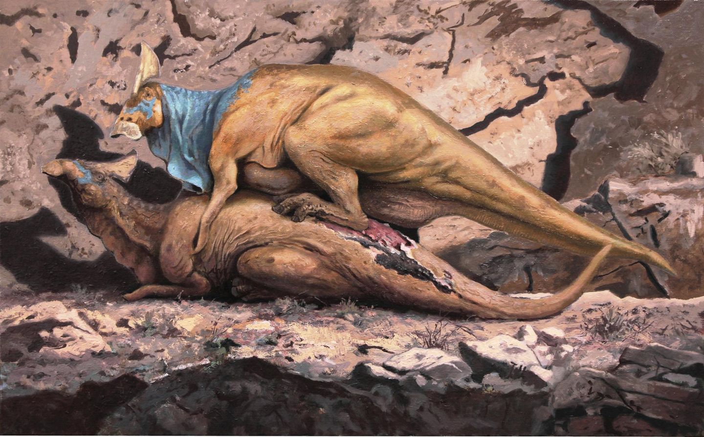 Illustration: Zwei sich paarende Entenschnabelsauriern.Das Männchen drückt den Rücken des Weibchens runter und verletzt es dabei