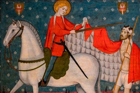 Gemälde 14. Jahrhundert: St. Martin mit Heiligenschein teilt seinen roten Mantel mit einem halbnackten Bettler