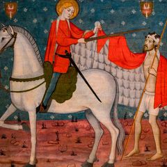 Gemälde 14. Jahrhundert: St. Martin mit Heiligenschein teilt seinen roten Mantel mit einem halbnackten Bettler