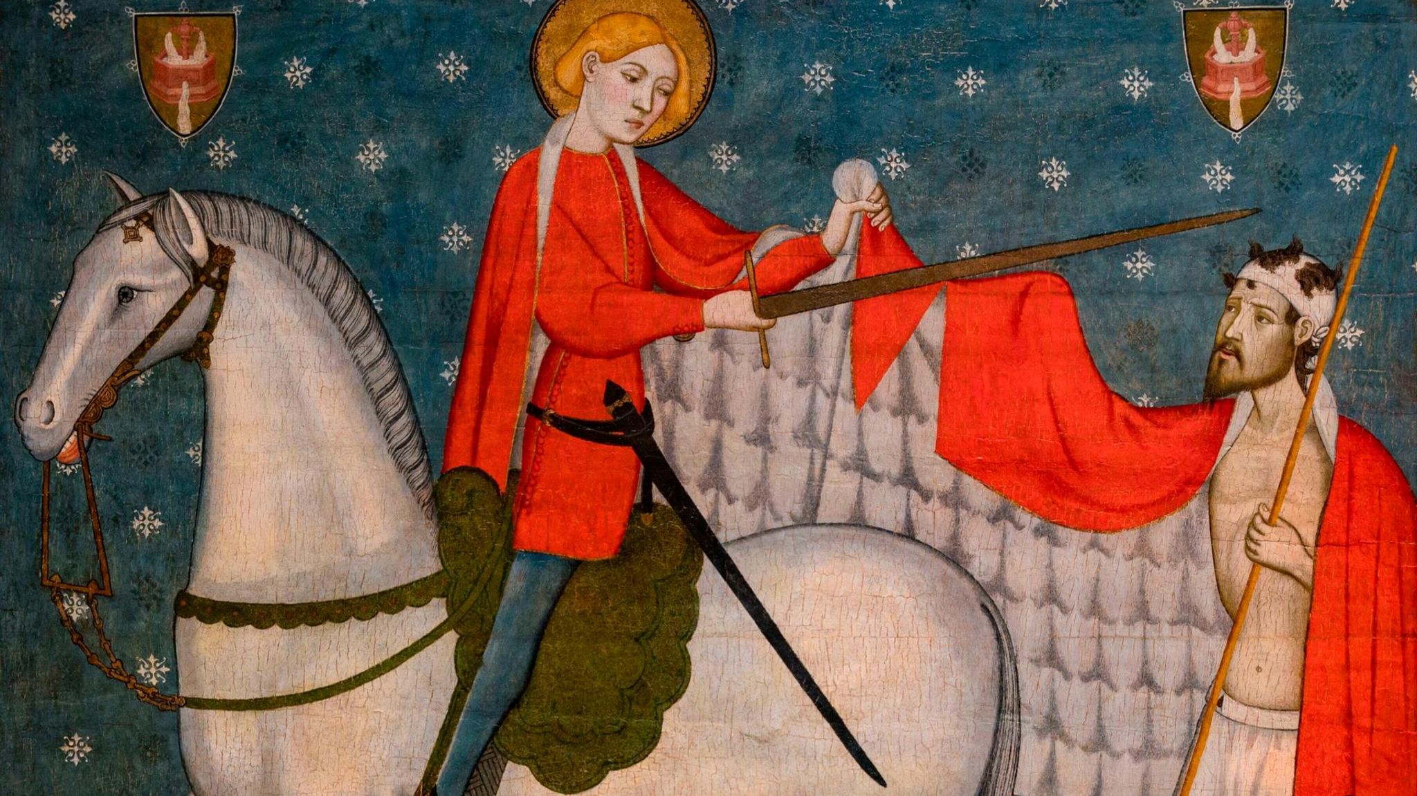 Gemälde 14. Jahrhundert: St. Martin mit Heiligenschein teilt seinen roten Mantel mit einem halbnackten Bettler