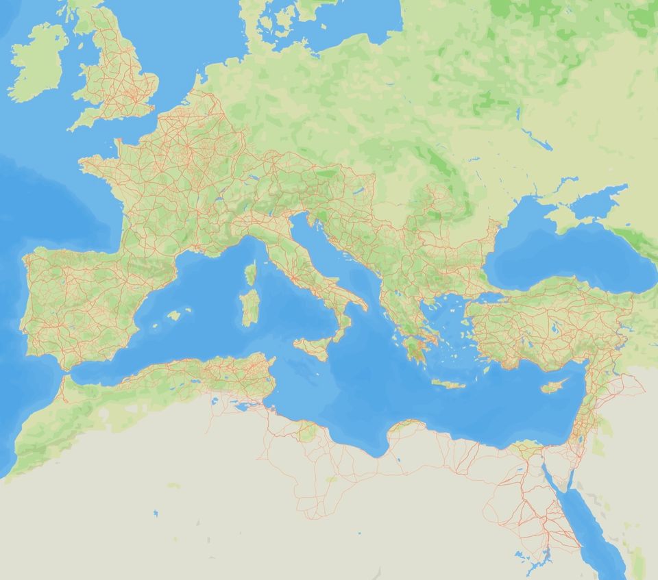 Karte von Europa mit eingezeichneten Straßen