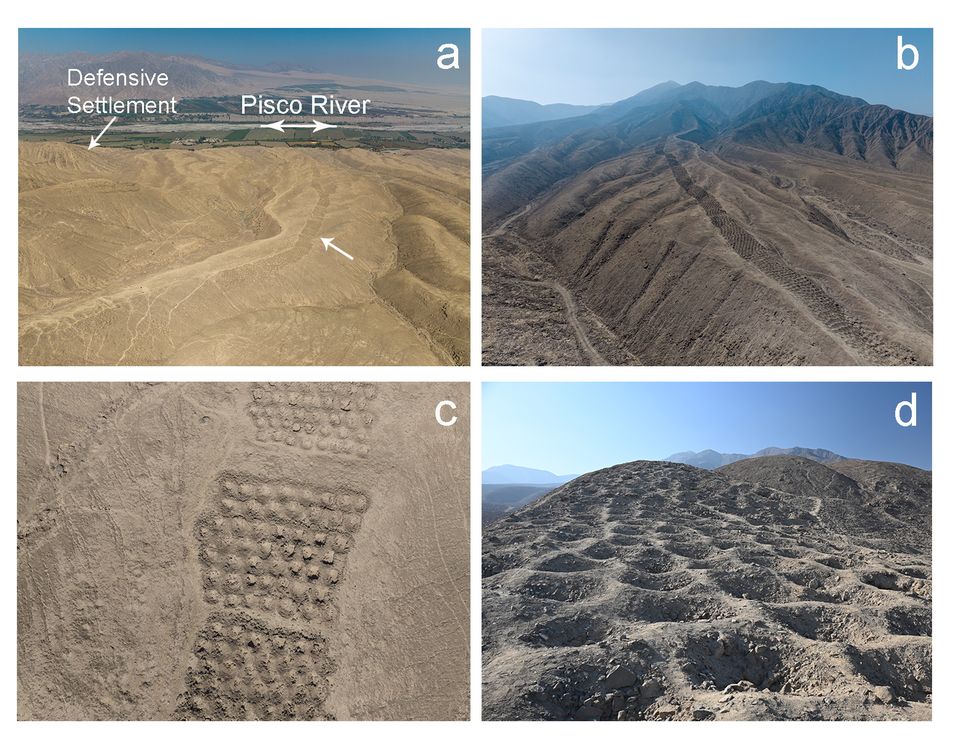 a–c) Luftaufnahmen des Bands und seiner Umgebung; d) Foto der Löcher auf Bodenhöhe