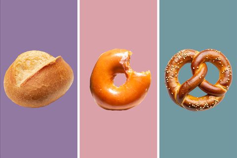 Eine Gegenüberstellung eines Brötchens, eines Donuts und einer Brezel